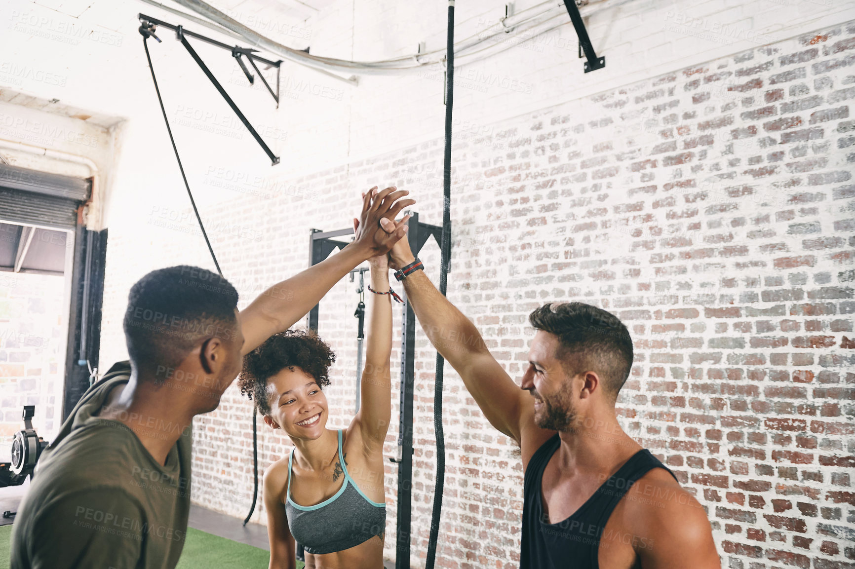 Buy stock photo High five, support and training with people in gym for workout partner, health goal and motivation. Success, fitness team and exercise target with friends in sports center for wellness and community