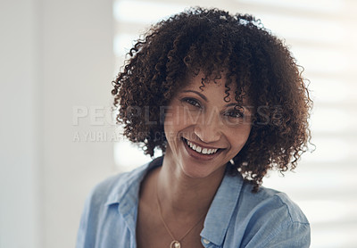Buy stock photo Wellness, portrait and woman in house with smile, positive attitude or chill on weekend break. Satisfaction, space or African person in home with good mood, confidence or relax in free time.