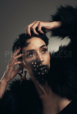 Buy stock photo Stars, creative and woman with face paint in studio for artistic design, makeup and cosmetics. Beauty, fashion and person with splash, style and dark aesthetic for self expression on gray background