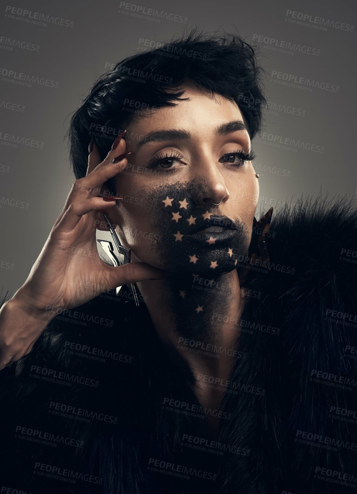 Buy stock photo Makeup, creative and portrait of woman with stars in studio for artistic design, face paint and cosmetics. Beauty, salon and person with dark aesthetic, glow and self expression on gray background