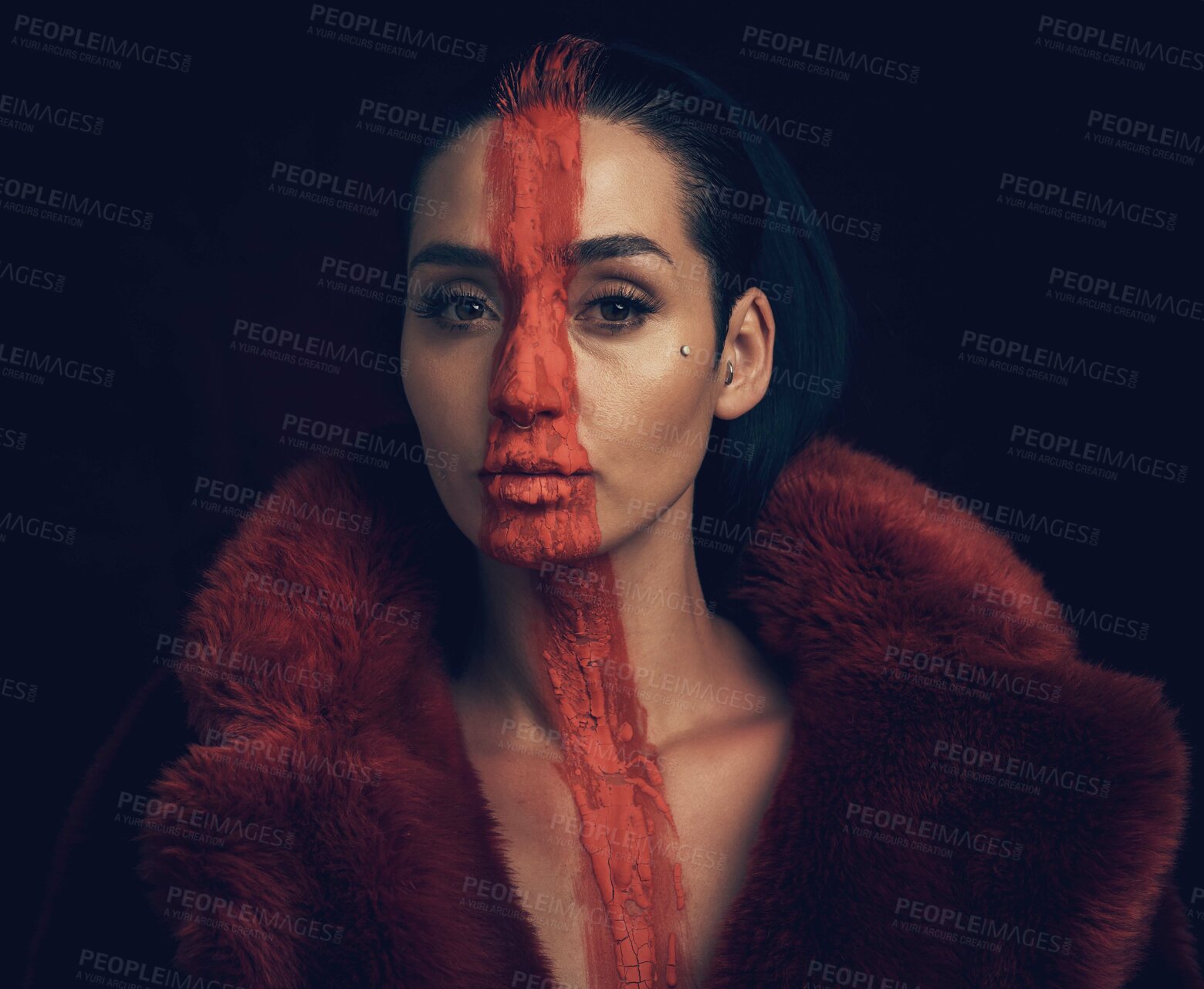 Buy stock photo Portrait, woman and makeup with face paint in studio for culture, sacred and tribal identity. Serious, female person and artistic symbol for resistance, tradition and expression on black background
