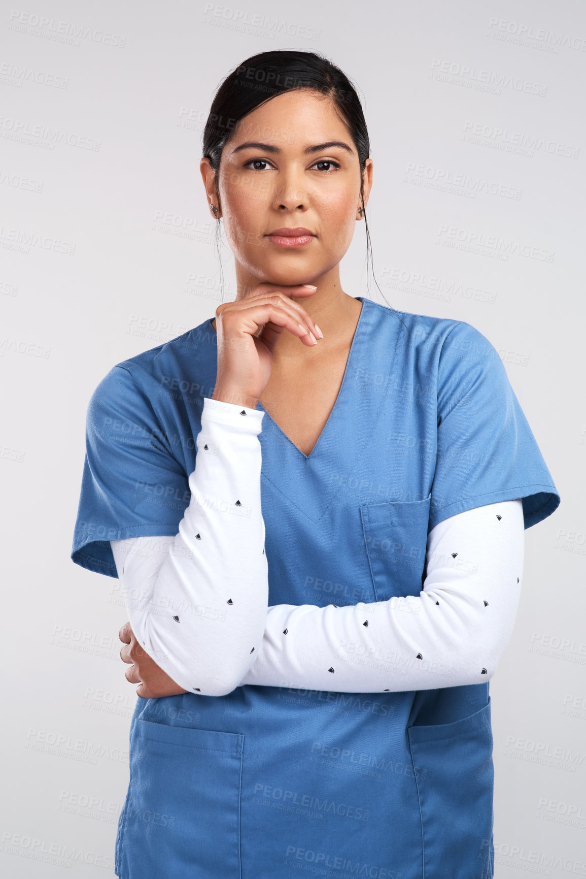 Buy stock photo Medical, portrait or nurse in studio with confidence, experience or job goals in wellness industry. Healthcare, woman or doctor with pride, career growth or general practitioner on white background.