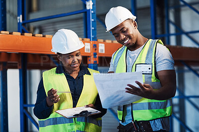 Buy stock photo Blueprints, architecture and black people with conversation, planning for project and inspection. Construction site, man and woman with documents, engineering or checklist for building development