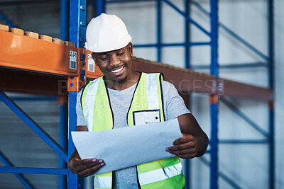 Buy stock photo Blueprint, smile and black man in warehouse, supply chain and schedule for shipping. Person, distribution and employee in factory, documents for compliance or inspection for quality control or export