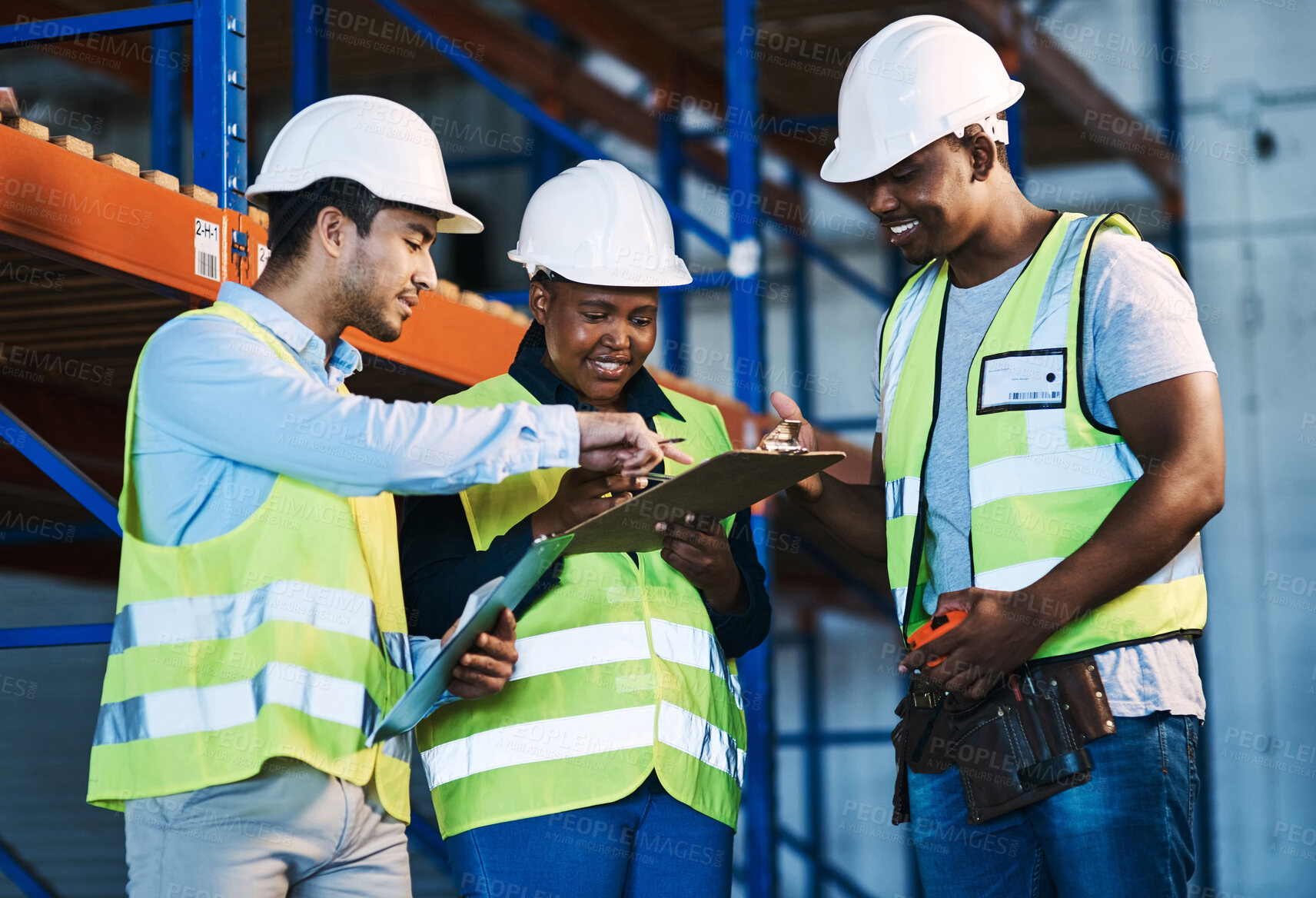 Buy stock photo Supply chain, clipboard and people in factory, documents for shipping schedule and talking. Employees, men and woman in factory, conversation and planning for import, quality control and logistics