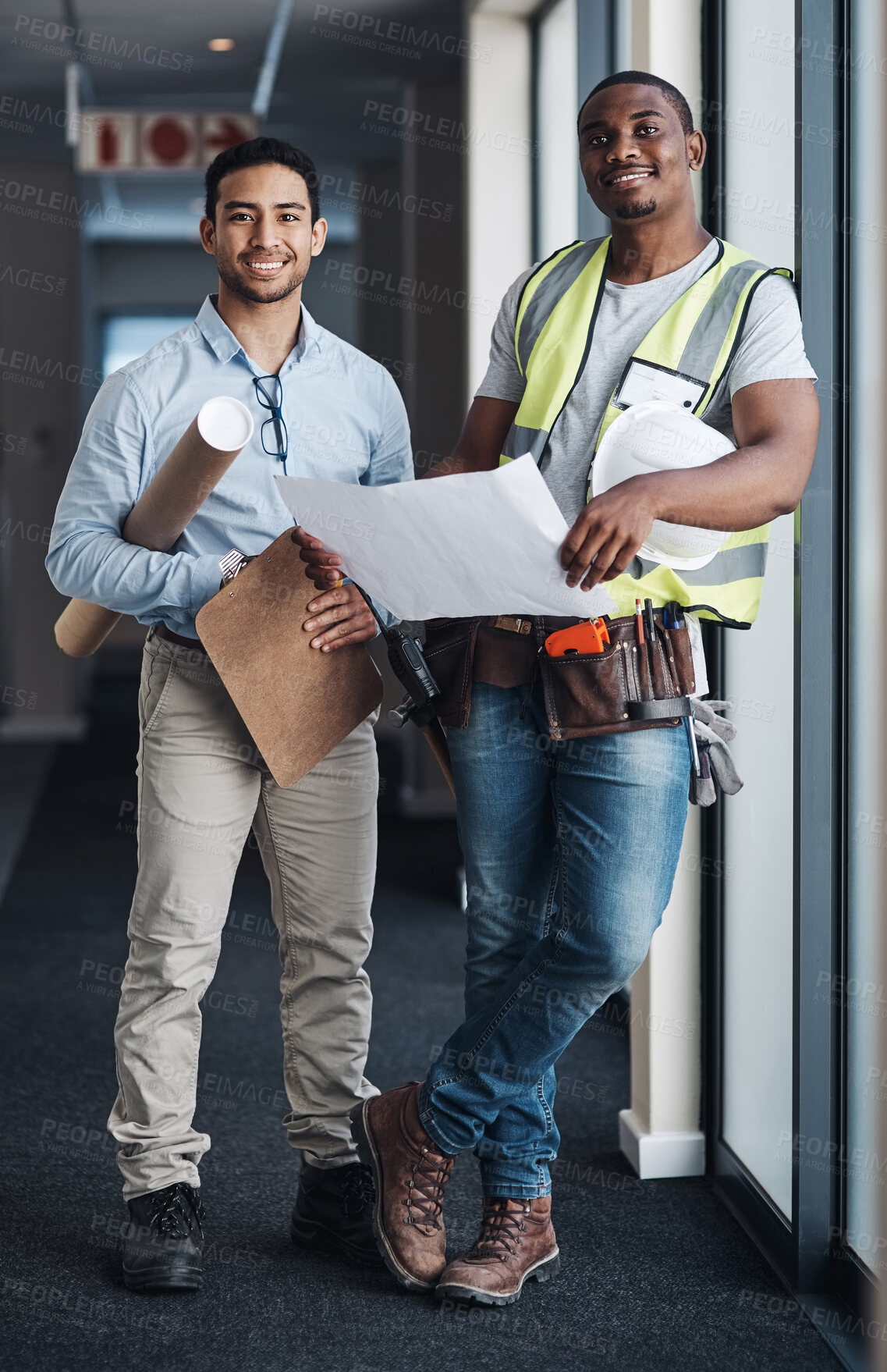 Buy stock photo Men, blueprint and portrait for contractor, architect and inspection for building site. Manager, floor plan and people with development team for engineering, construction and project management