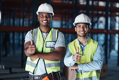 Buy stock photo Business people, portrait or contractor team with thumbs up in warehouse for storage success. Businessmen, engineer or smile with like emoji, yes sign or OK for industrial maintenance fix in depot