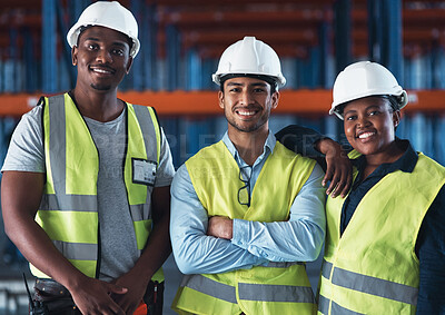 Buy stock photo Happy people, portrait or building team in warehouse for storage maintenance or service. Group, employees or contractors with smile or hard hat for industrial construction or safety control in depot