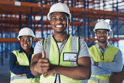 Buy stock photo Happy, business people and team portrait with thumbs up in warehouse for service excellence. Group, employees or contractors with smile, like emoji or yes sign for safety or storage success in depot