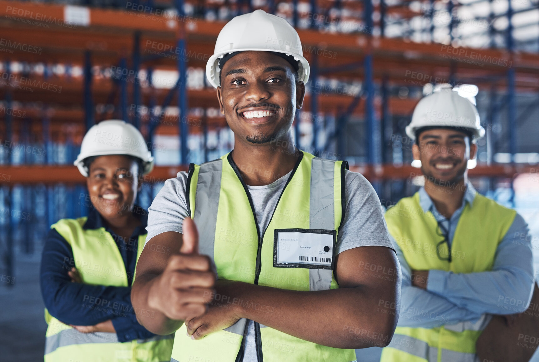 Buy stock photo Happy, business people and team portrait with thumbs up in warehouse for service excellence. Group, employees or contractors with smile, like emoji or yes sign for safety or storage success in depot