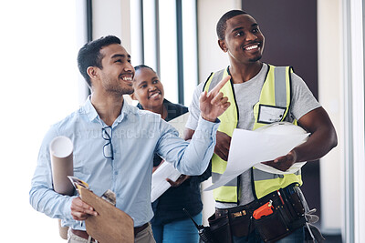 Buy stock photo People, blueprint and team for construction, architect and inspection for building site. Manager, floor plan and smile with development design for engineering, contractor and project management