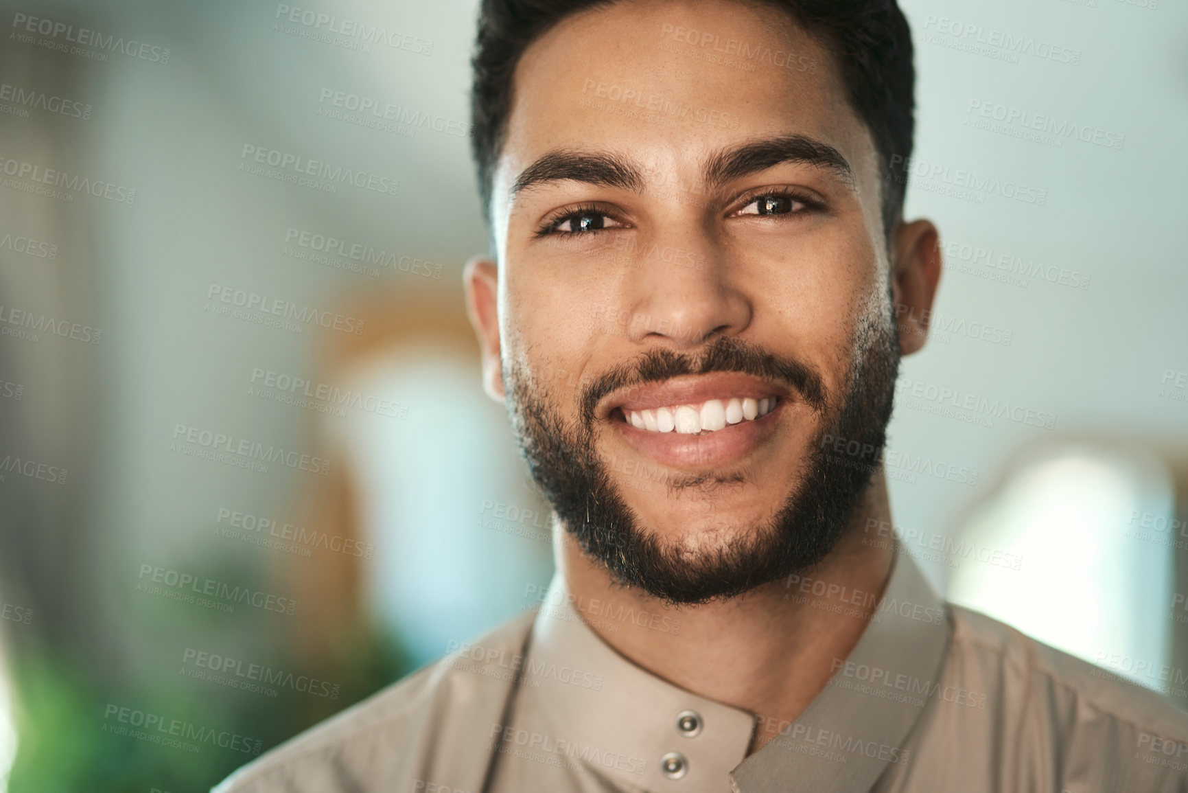 Buy stock photo Religious, portrait and Muslim man with smile in home, relax and confident with traditional clothes. Culture, space and person with thobe for Islamic faith, peace and happiness on break in house