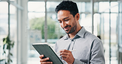 Buy stock photo Smile, investor and man in office, tablet for investment deal and signature for online contract. Person, financial advisor and professional in workplace, stylus and tech for trading portfolio and app