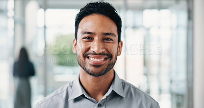 Buy stock photo Happy, portrait and business man in office with pride for finance advisor, career growth and job. Corporate, professional and person with smile, confidence and about us for financial opportunity