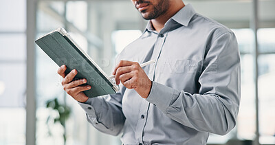 Buy stock photo Hands, investor and man in office, tablet for investment and signature for online deal. Person, email or financial advisor in workplace, stylus and fintech for trading portfolio and digital app