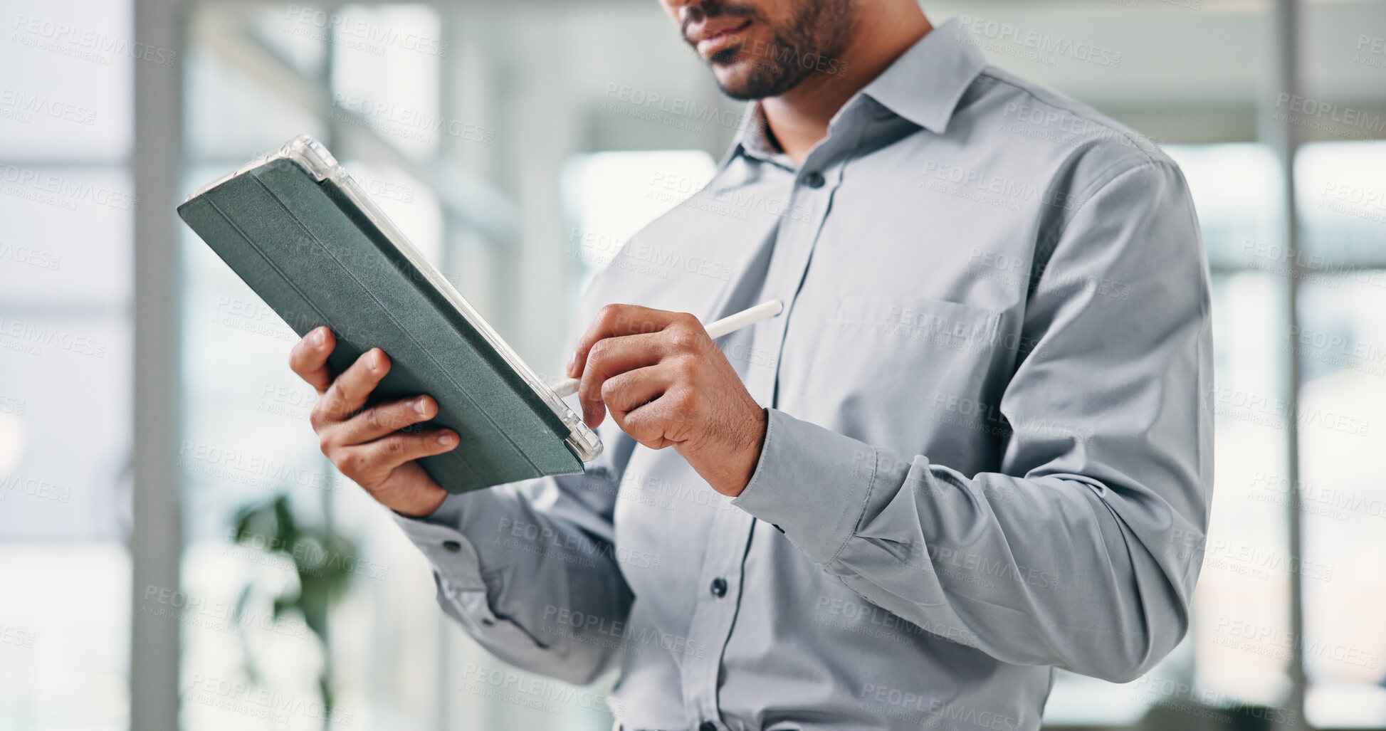 Buy stock photo Hands, investor and man in office, tablet for investment and signature for online deal. Person, email or financial advisor in workplace, stylus and fintech for trading portfolio and digital app