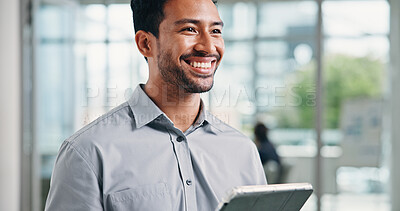 Buy stock photo Happy, investor and man in office, tablet for investment deal and digital app for online contract. Person, financial advisor and employee in workplace, smile and tech for trading portfolio or email