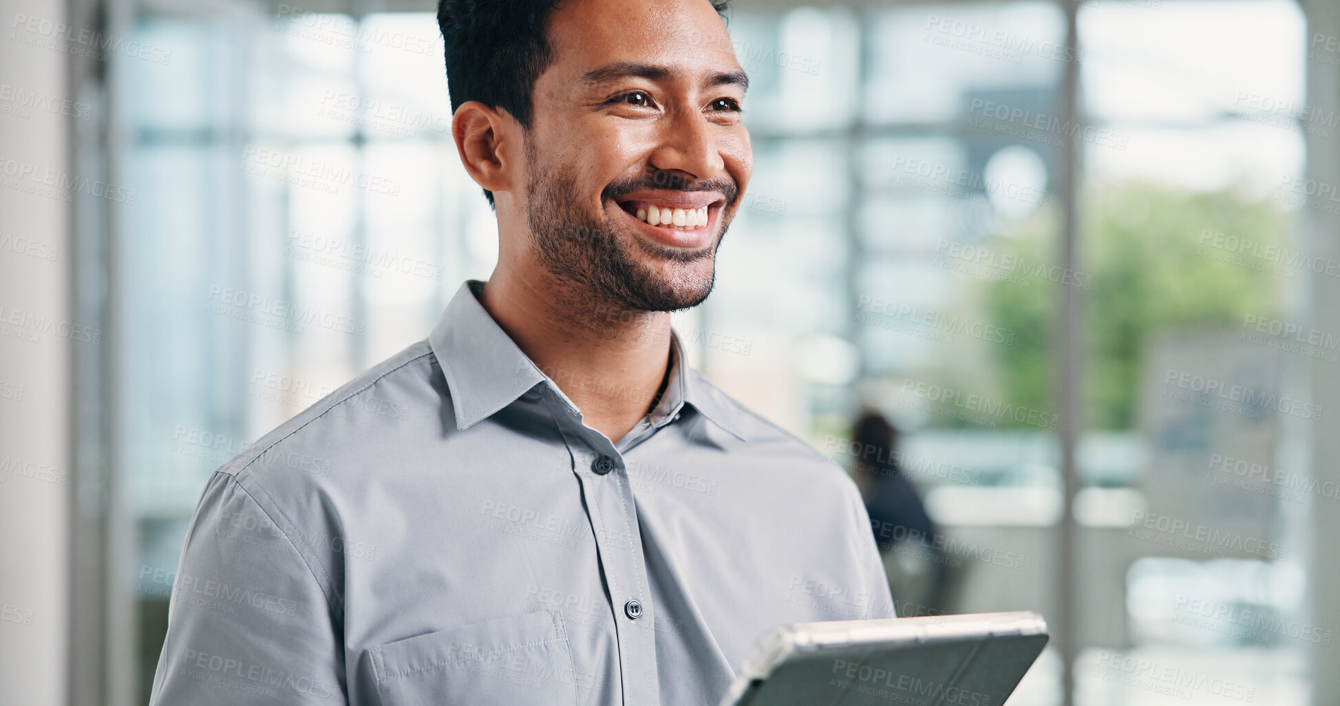 Buy stock photo Happy, investor and man in office, tablet for investment deal and digital app for online contract. Person, financial advisor and employee in workplace, smile and tech for trading portfolio or email