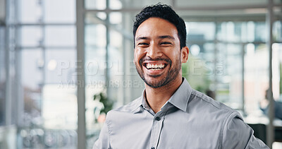 Buy stock photo Laugh, portrait and business man in office with pride for finance advisor, career growth and job. Corporate, professional and person with smile, confidence and about us for financial opportunity
