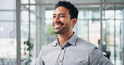 Buy stock photo Business, man and thinking with smile in office for startup vision, career insight and planning. Happy, person and reflection at workplace for company development, venture opportunity and perspective