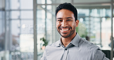 Buy stock photo Happy, portrait and businessman in office with space for finance advisor, career growth and job. Corporate, professional and person with smile, confidence and about us for financial opportunity