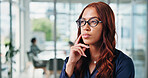 Thinking, business and woman with glasses in office for vision, real estate and property plan. Thoughts, female person and realtor with eyewear, daydreaming and problem solving for resale opportunity
