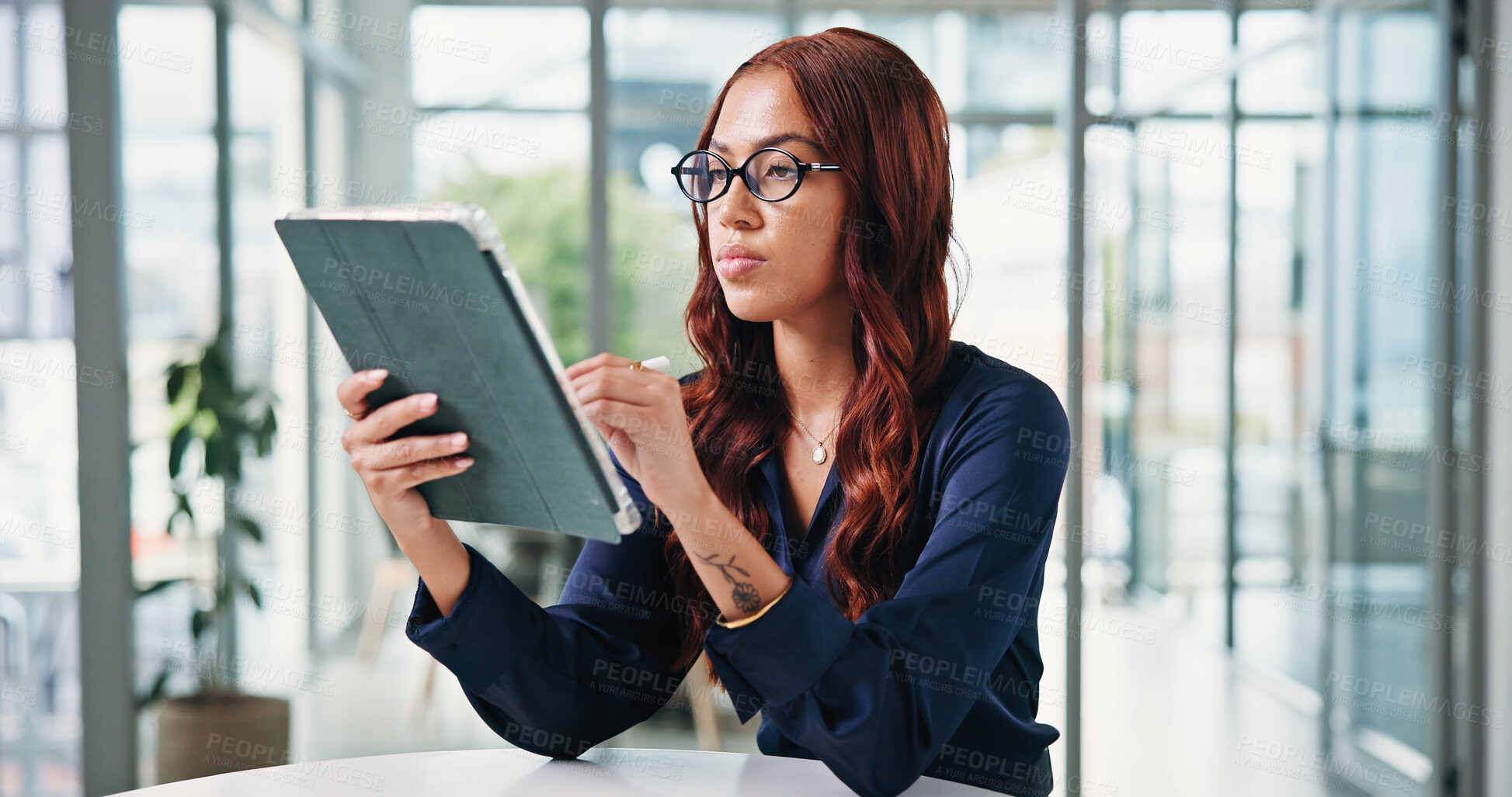 Buy stock photo Reading, investor and woman in office, tablet for investment deal or signature for online contract. Person, website info or financial advisor in workplace, stylus or tech for trading portfolio or app
