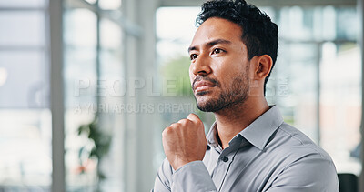 Buy stock photo Thinking, business and man with ideas in office for vision, real estate and property planning. Thoughts, male person or realtor with reflection, daydreaming and problem solving for resale opportunity