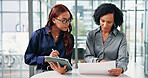 Women, team and tablet with documents at office for review, insight or planning at insurance company. People, tech and discussion for paperwork, feedback and app for project at risk management agency