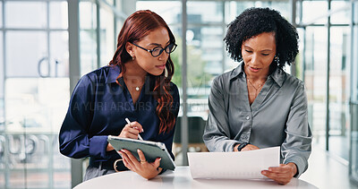 Buy stock photo Women, team and tablet with documents at office for review, insight or planning at insurance company. People, tech and discussion for paperwork, feedback and app for project at risk management agency