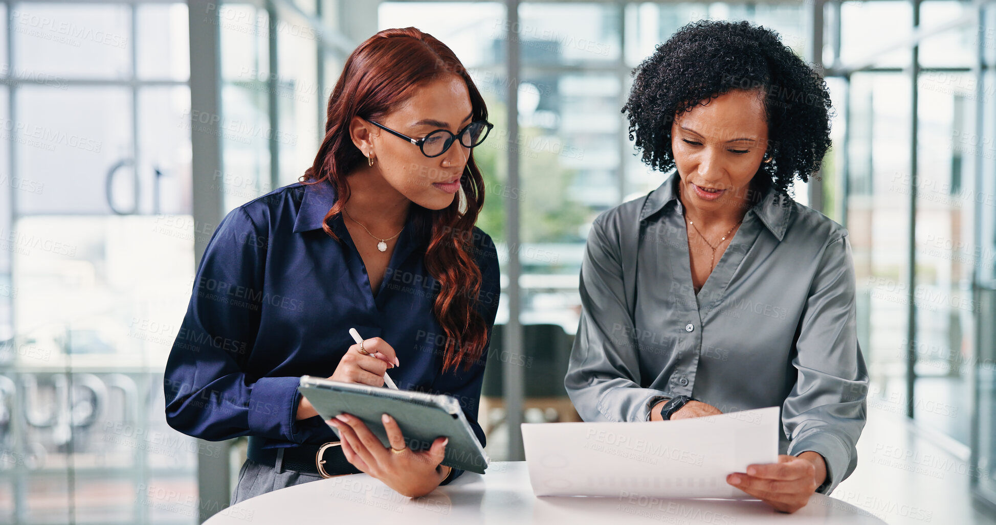Buy stock photo Women, team and tablet with documents at office for review, insight or planning at insurance company. People, tech and discussion for paperwork, feedback and app for project at risk management agency