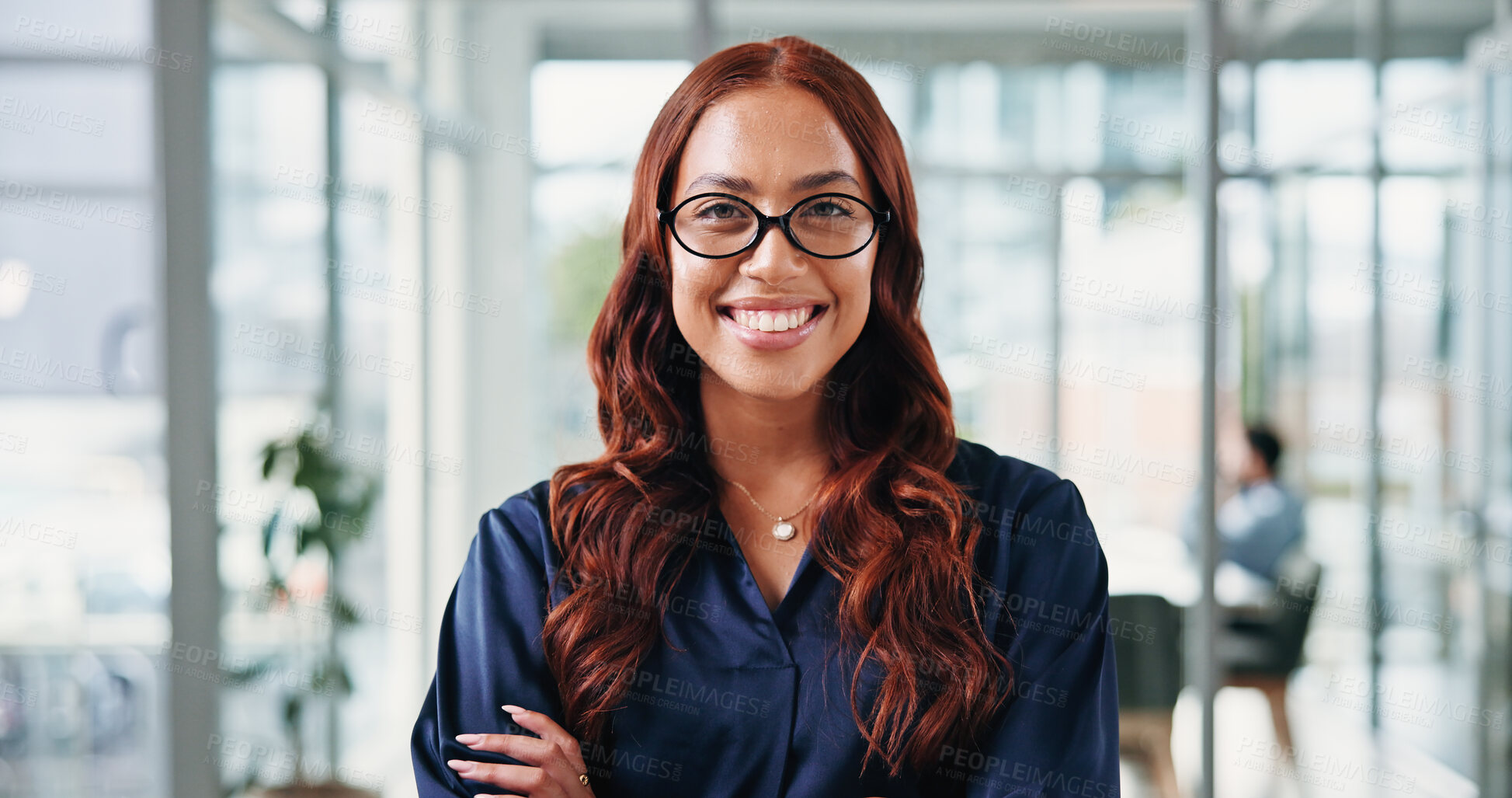 Buy stock photo Happy, portrait and business woman in office with glasses for finance advisor, career growth or job. Corporate, crossed arms and person with smile, clear vision and about us for financial opportunity