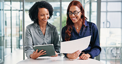 Buy stock photo Business, people and tablet with document in office for training, proofreading and manuscript. Smile, women and reading paperwork for fact check, review article and teamwork for publication schedule