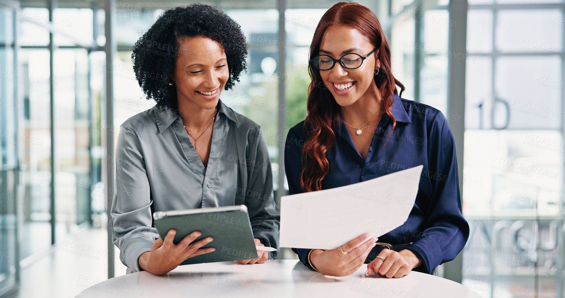 Buy stock photo Business, people and tablet with document in office for training, proofreading and manuscript. Smile, women and reading paperwork for fact check, review article and teamwork for publication schedule