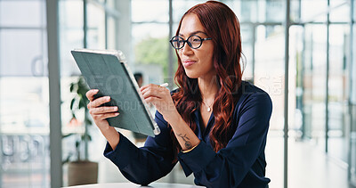 Buy stock photo Smile, financial advisor and woman in office, tablet for investment deal and signature for online contract. Person, investor and professional in workplace, stylus and tech for trading review and app