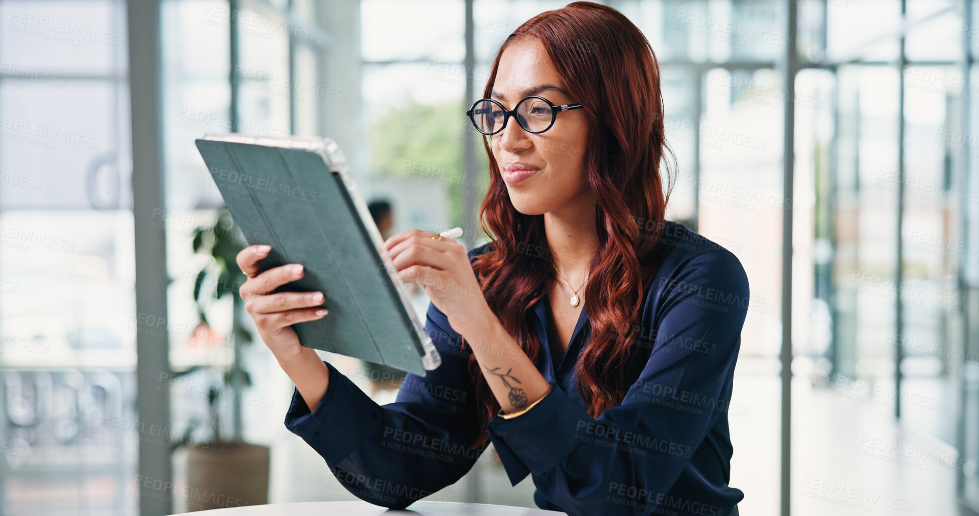 Buy stock photo Smile, financial advisor and woman in office, tablet for investment deal and signature for online contract. Person, investor and professional in workplace, stylus and tech for trading review and app