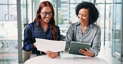 Buy stock photo Documents, research and teamwork with business people in office for acquisition, finance advisor and liquidity. Brainstorming, tablet and report with employees in corporate firm for partnership