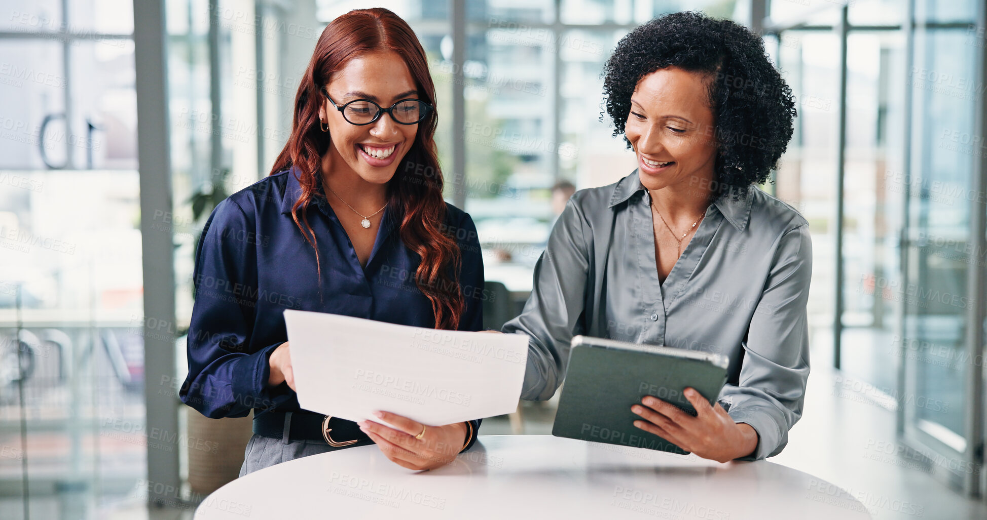 Buy stock photo Documents, research and teamwork with business people in office for acquisition, finance advisor and liquidity. Brainstorming, tablet and report with employees in corporate firm for partnership