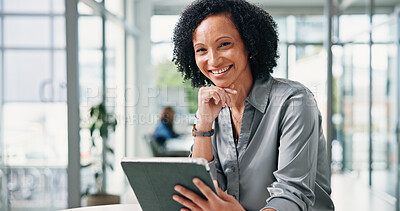 Buy stock photo Happy woman, portrait and office with tablet in agency for for business startup or development. Female person, employee or smile with technology for career pride, job opportunity or company growth