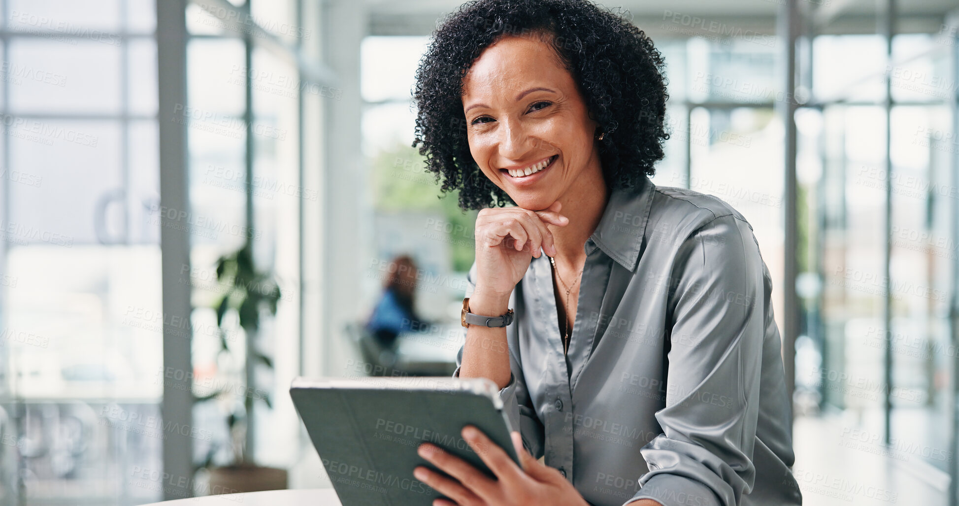 Buy stock photo Happy woman, portrait and office with tablet in agency for for business startup or development. Female person, employee or smile with technology for career pride, job opportunity or company growth