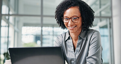 Buy stock photo Business, woman and smile with laptop in office for article revision, proofreading and editing draft. Editor, african person and happy with tech for submission approval, blog review and fact checking