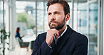 Thinking, business and man with vision in office for ideas, real estate and property planning. Thoughts, male person or realtor with reflection, daydreaming and problem solving for resale opportunity