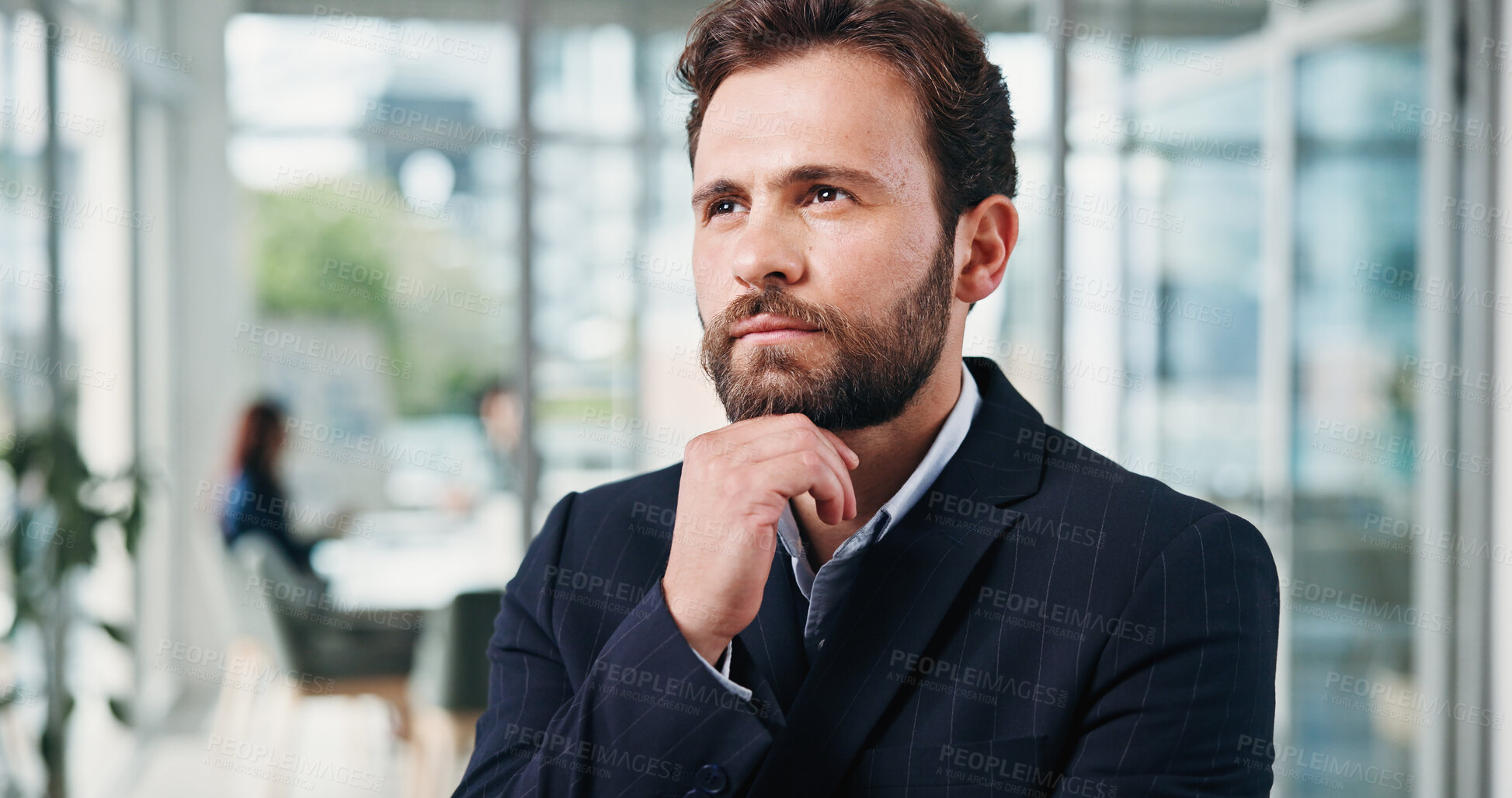 Buy stock photo Thinking, business and man with vision in office for ideas, real estate and property planning. Thoughts, male person or realtor with reflection, daydreaming and problem solving for resale opportunity