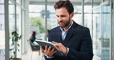 Buy stock photo Typing, investor and man in office, tablet for investment deal and website for online contract. Person, financial advisor and professional in workplace, internet or tech for trading portfolio and app