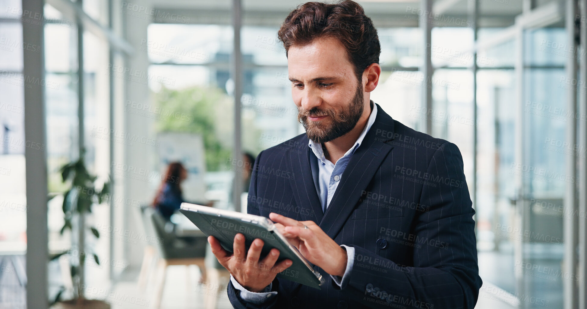 Buy stock photo Typing, investor and man in office, tablet for investment deal and website for online contract. Person, financial advisor and professional in workplace, internet or tech for trading portfolio and app