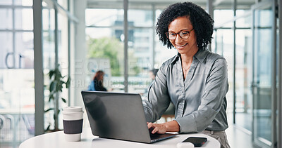 Buy stock photo Business, woman and typing with laptop in office for article feedback, proofreading or editing draft. Editor, african person and happy with tech for submission approval, blog review and fact checking