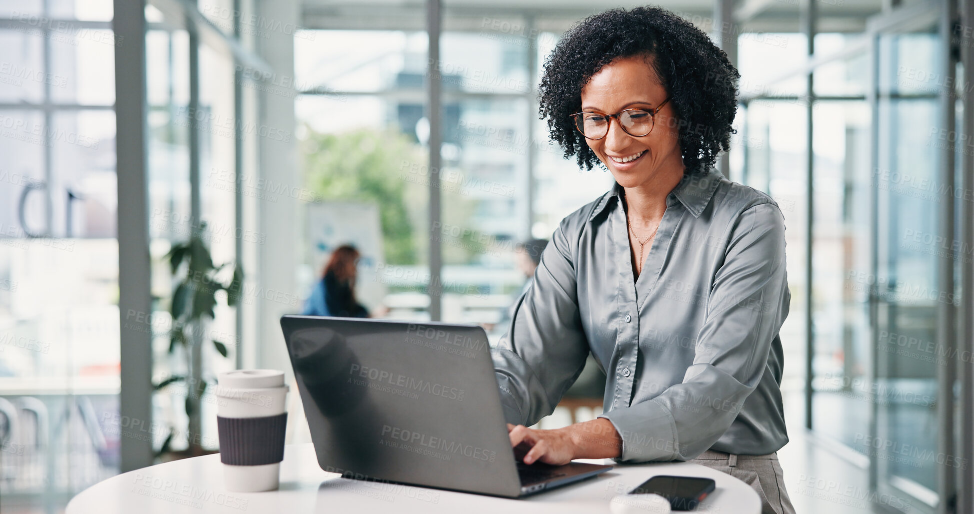 Buy stock photo Business, woman and typing with laptop in office for article feedback, proofreading or editing draft. Editor, african person and happy with tech for submission approval, blog review and fact checking
