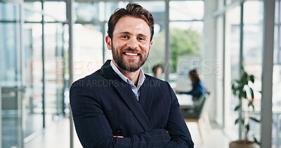 Buy stock photo Happy, portrait and businessman in office with crossed arms for finance advisor, career growth and job. Corporate, manager and person with smile, confidence and about us for financial opportunity