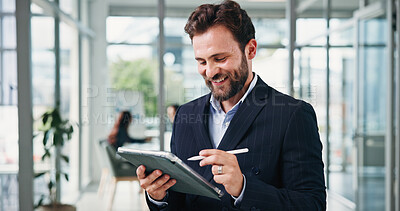 Buy stock photo Happy, investor or man in office, tablet for investment deal and signature for online contract. Person, website info or financial advisor in workplace, stylus or tech for trading portfolio or smile