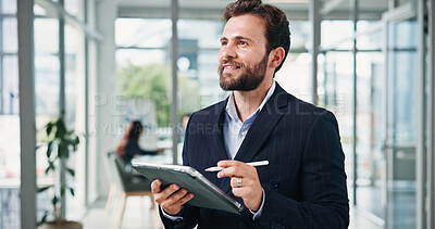 Buy stock photo Thinking, investor and man in office, tablet for investment deal and choice for online contract. Person, financial advisor or reflection in workplace, stylus or tech for trading portfolio or decision